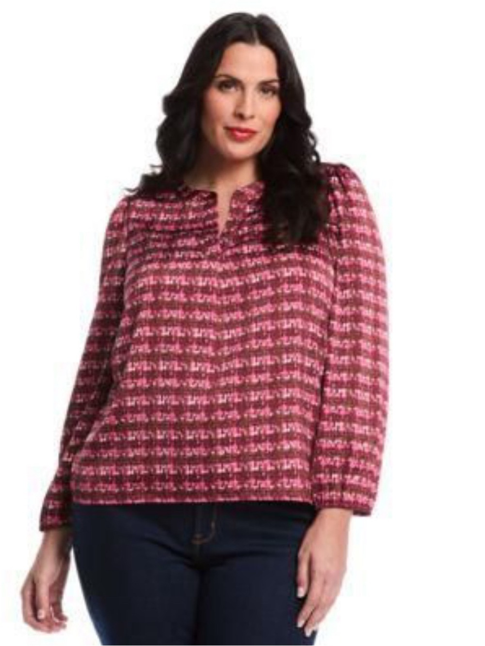 NWT Rafaella Plus Size 1X Crosshatch Split V-Neck Long Sleeve Satin Blouse Top